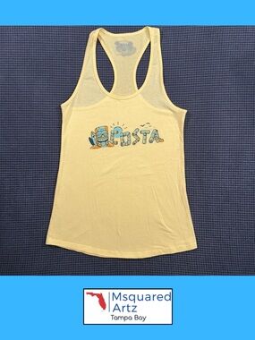 Costa Del Mar Yellow Racerback Tank Top Womens Medium Beach Graphic Logo